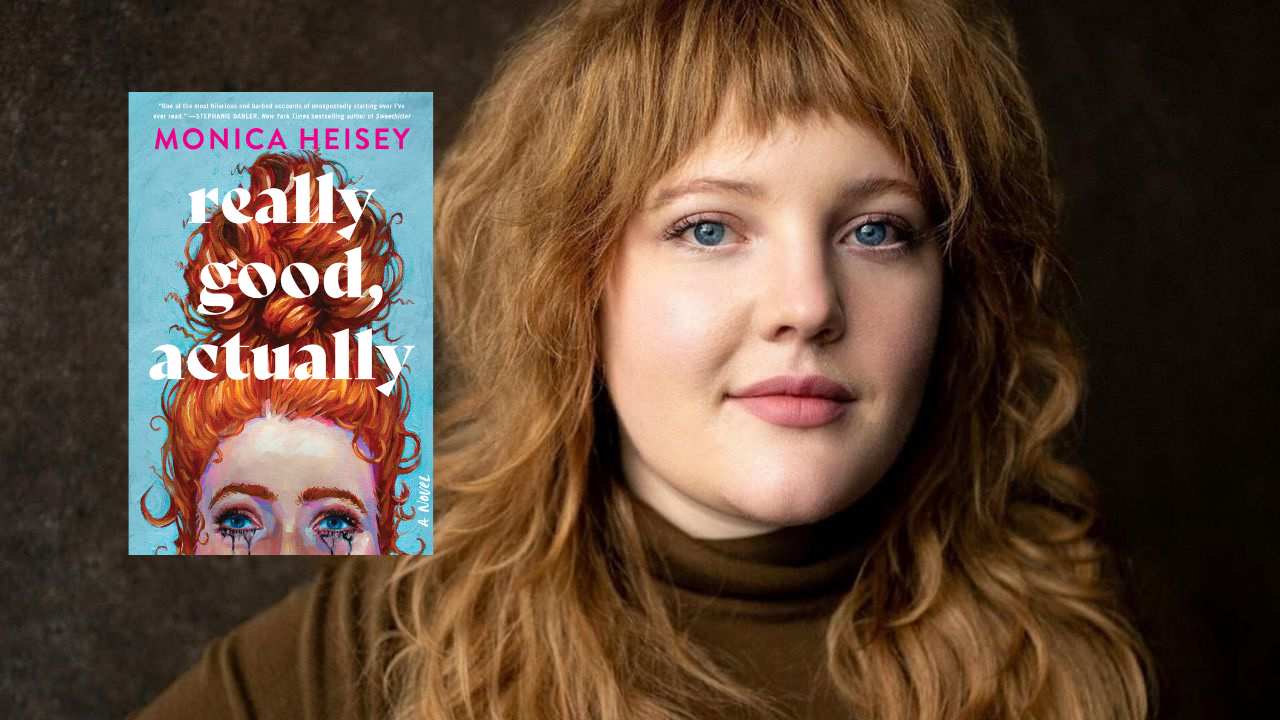 a woman next to a book cover